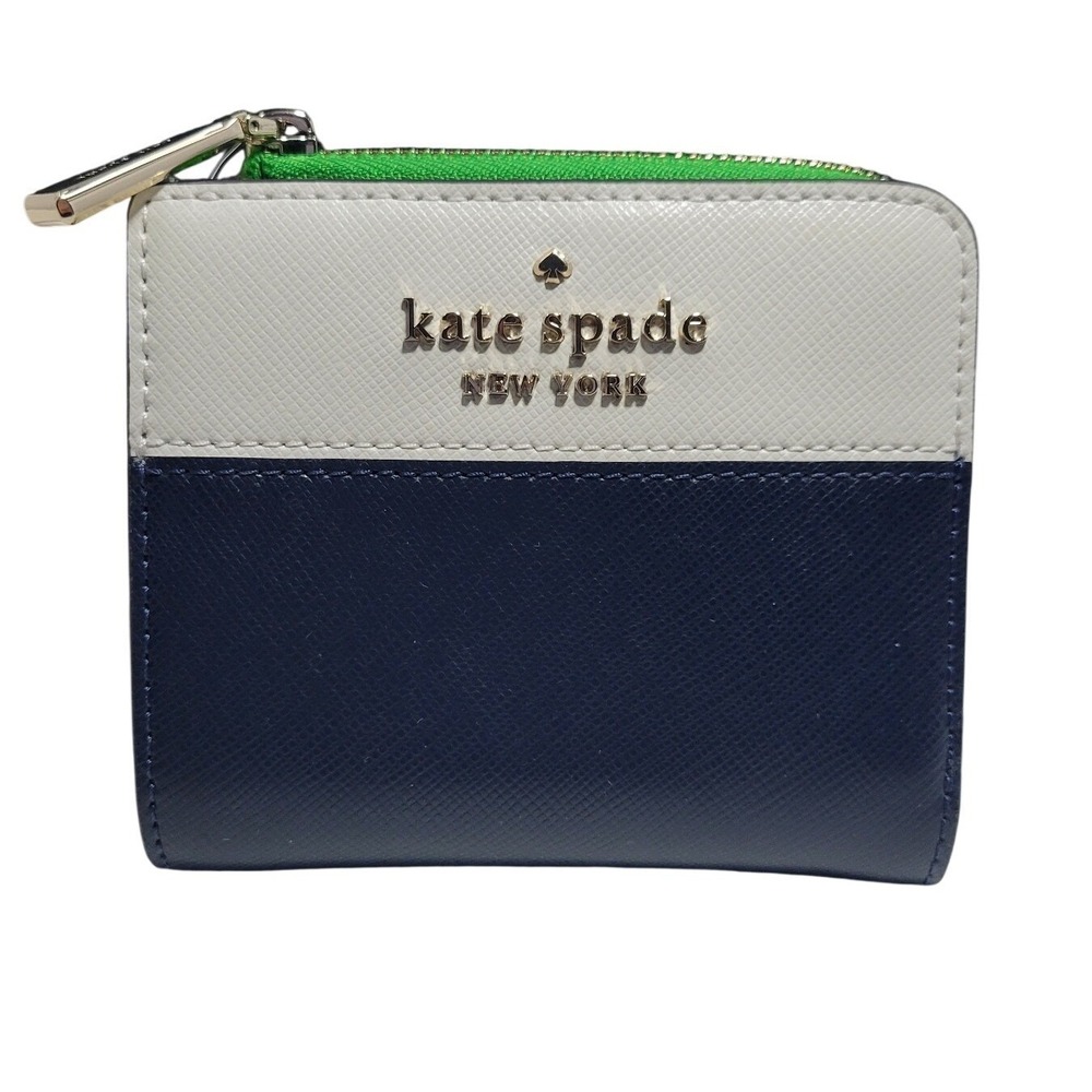 Kate Spade Staci Colorblock Small L-Zip Bifold Wallet Navy Whiteโ Green WLR00121